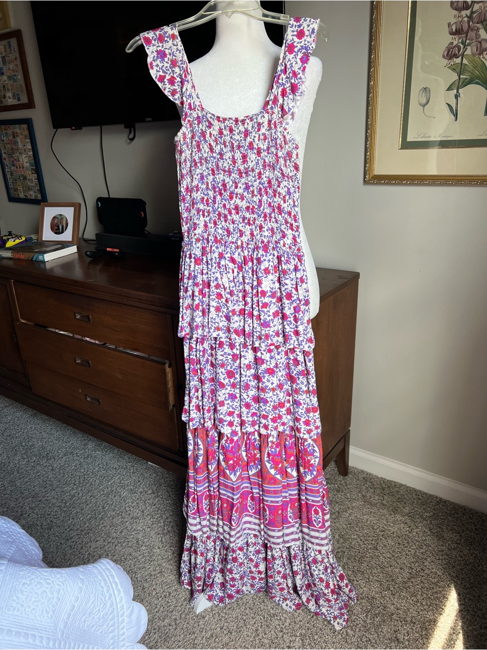 Ruffled Smocked Maxi Dress in Pink/Purple Floral